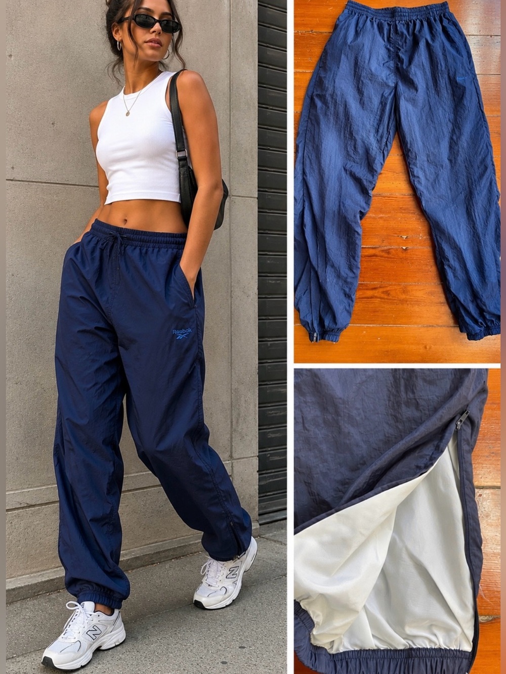 Vintage 90s Reebok Navy Nylon Track Pants Lined Zip Ankle Sz L 💚🎀